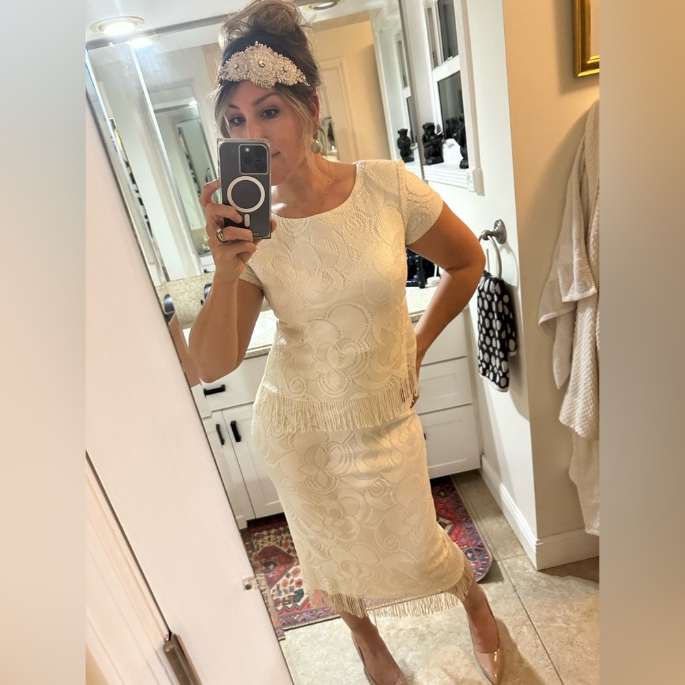 Vintage white fringe crochet midi dress